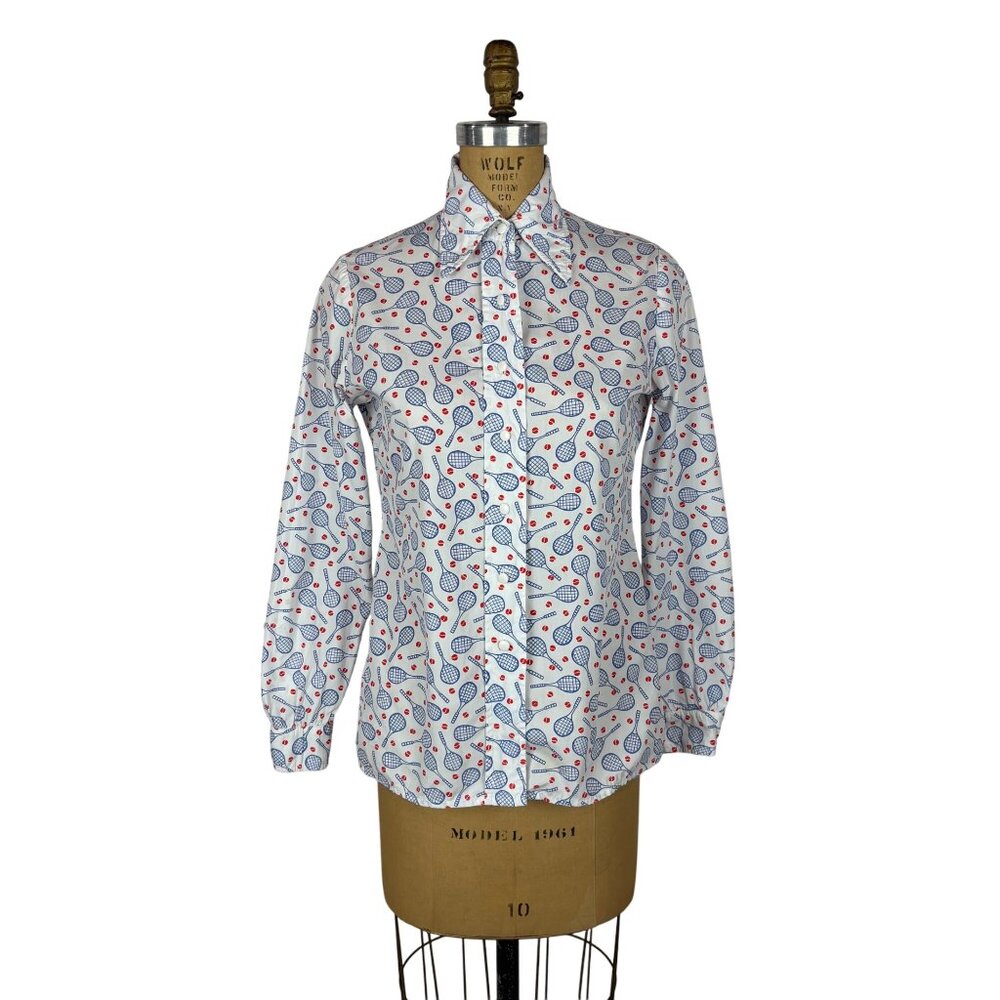 Vintage 70s Tennis Shirt Womens Medium Racket Ball Button Down Cotton Top